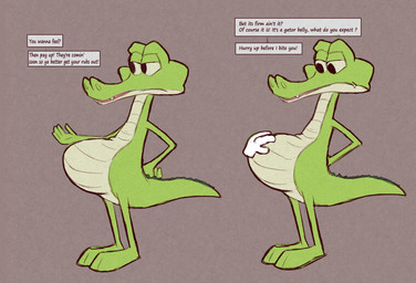 4_fingers anthro belly big_belly conditional_threat disembodied_hand fangs fingers green_body grey_background hand_on_belly male pregnant pregnant_male simple_background snout tail teeth text gerplexan cartoon_network the_grim_adventures_of_billy_and_mandy gerome_(tgaobam) crocodilian reptile scalie english_text