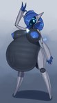 2021 android anthro areola belly big_belly big_breasts biped blue_areola blue_hair blue_nipples breasts female full-length_portrait gardevoir generation_3_pokemon gesture hair hand_gesture hi_res huge_breasts leqha machine nintendo nipples nude pokemon pokemon_(species) portrait pregnant robot solo standing v_sign