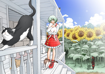 2_tails ambiguous_feral ambiguous_gender blue_sky boots bottomwear clothing cloud eyes_closed female female_human feral feralized flower flower_field footwear frilly frilly_bottomwear frilly_clothing frilly_skirt green_hair group hair happy hug hugging_another multi_tail pattern_bottomwear pattern_clothing pattern_skirt pattern_topwear pattern_vest plaid plaid_bottomwear plaid_clothing plaid_skirt plaid_topwear plaid_vest plant red_bottomwear red_clothing red_footwear red_shoes red_skirt red_topwear red_vest shirt shoes skirt sky stretching sunflower sunflower_field tail topwear vest white_clothing white_shirt white_topwear urazasa asian_mythology east_asian_mythology japanese_mythology mythology touhou rin_kaenbyou yuuka_kazami domestic_cat felid feline felis human mammal nekomata yokai female_(lore)