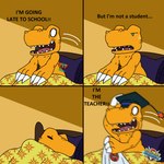 1:1 agumon agumon_expert ambiguous_gender anthro bandai_namco bed bedding blanket comic dialogue digimon digimon_(species) english_text furniture humor shocked_expression sleeping solo text tzoe611 under_covers waking_up yellow_body