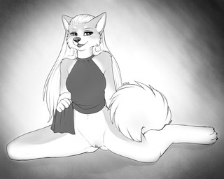 4_toes 5_fingers anthro arm_tuft bare_shoulders barefoot bedroom_eyes biped blep blush blush_lines blushing_at_viewer breasts butt butt_from_the_front cheek_tuft claws clitoral_hood clothed clothed_anthro clothed_female clothing clothing_lift countershade_face countershade_fur countershade_legs countershade_neck countershade_torso countershading cute_fangs digitigrade dress dress_lift dress_only eyelashes facial_markings facial_tuft fangs feet female female_anthro fingers fluffy fluffy_tail forehead_markings front_view fur fur_tuft genitals gradient_background hair head_markings humanoid_genitalia humanoid_hands humanoid_vulva iris long_hair looking_at_viewer markings monotone_clothing monotone_dress monotone_hair monotone_tail multicolored_body multicolored_fur narrowed_eyes navel no_underwear partially_clothed partially_clothed_anthro partially_clothed_female pelvic_curtain pose pupils seductive shoulder_tuft simple_background sitting skimpy sleeveless_clothing sleeveless_dress slim slim_anthro slim_female smile smiling_at_viewer snout solo spread_legs spreading straight_hair tail teeth text thin_eyebrows toe_claws toes tongue tongue_out tuft two_tone_body two_tone_fur vulva wariza ajna canid canine canis domestic_dog mammal 5:4 artist_name full-length_portrait greyscale monochrome pinup portrait