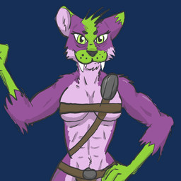 abs anthro armor breasts cheek_tuft ear_markings facial_tuft female fur green_body green_eyes green_fur green_hair hair hand_on_hip inner_ear_fluff leather looking_at_viewer muscular muscular_anthro muscular_female purple_body purple_fur smile smiling_at_viewer smirk smug solo straps teeth tuft under_boob felid mammal pantherine 1:1 alpha_channel hi_res