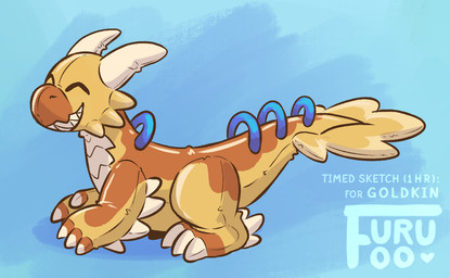 all_fours back_markings claws eyes_closed fangs feral happy horn inflatable leg_spikes lying markings on_front orange_markings pool_toy simple_background spiked_tail spikes spikes_(anatomy) spines tail teeth white_claws white_horn white_markings yellow_body furufoo animate_inanimate dinosaur dromaeosaurid living_inflatable prehistoric_species reptile saurischian scalie theropod