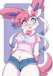 anthro anthrofied belly_tuft big_breasts blue_eyes blush bottomwear breasts clothed clothing crop_top female heart_clothing heart_symbol hotpants looking_aside midriff nervous_smile pokemorph pupils shirt shorts solo thick_thighs topwear tuft unbuttoned_shorts white_pupils muffyteru nintendo pokemon muffin_(muffyteru) eeveelution generation_6_pokemon pokemon_(species) sylveon absurd_res hi_res