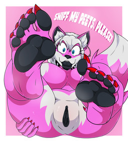 abstract_background anthro big_breasts black_lips black_pawpads black_tongue black_vulva blue_eyes breasts butt butt_grab claws colored_nails ear_piercing ear_ring feet female foot_fetish foot_focus fur genitals hair hand_on_butt humanoid_feet lips looking_at_viewer nails open_mouth pawpads piercing pink_body pink_fur plantigrade red_nails ring_piercing sniffing_request soles solo talking_to_viewer toe_claws tongue vulva white_body white_fur white_hair tinydevilhorns yuni_hermit canid canine canis mammal wolf absurd_res hi_res