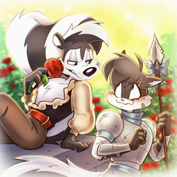 4_fingers anthro big_tail black_body black_fur blush clothing duo eye_contact eye_scar facial_scar fantasy female fingers flower formal_clothing formal_wear fur holding_flower holding_melee_weapon holding_object holding_polearm holding_rose holding_spear holding_weapon knight_armor looking_at_another male markings melee_weapon plant polearm prince romantic romantic_ambiance rose_(flower) royalty scar shy smile spear striped_markings striped_tail stripes tail tail_markings weapon white_body white_fur jusrhkuhoh looney_tunes warner_brothers penelope_pussycat pepe_le_pew domestic_cat felid feline felis mammal mephitid skunk 1:1 hi_res