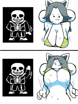 anthro big_breasts bodily_fluids bone bottomless bouncing_breasts bra bra_only breasts cleavage clothed clothing duo female forced fur gravity_manipulation grey_hair hair huge_breasts male navel simple_background skeleton smile sweat topwear under_boob underwear underwear_only white_background white_body white_fur nakineiriko undertale undertale_(series) sans_(undertale) temmie_(undertale) animated_skeleton domestic_cat felid feline felis mammal tem undead 2025 3:4 comic digital_media_(artwork) hi_res