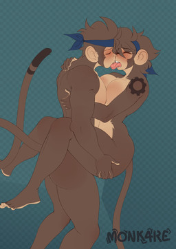 accessory anthro big_breasts blush breasts carrying_another crossgender duo eyes_closed female female_penetrated french_kissing headband headband_only kissing licking_tongue male male/female male_penetrating male_penetrating_female mtf_crossgender nude penetration selfcest sex square_crossover standing standing_sex tongue kareca kaoi_(kareca) monkare_(kareca) haplorhine mammal monkey primate absurd_res hi_res