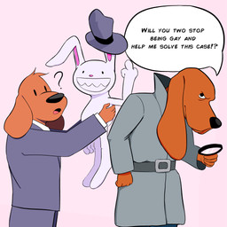 anthro brown_body brown_fur carrying_another clothing detective dialogue fur gesture group hand_gesture hat headgear headwear magnifying_glass male middle_finger overcoat sharp_teeth size_difference teeth text toothy_grin trio 4chan_anon unknown_artist sam_and_max max_(sam_and_max) mcgruff_the_crime_dog samuel_dog canid canine canis domestic_dog lagomorph leporid mammal rabbit 1:1 2025 absurd_res crossover english_text hi_res