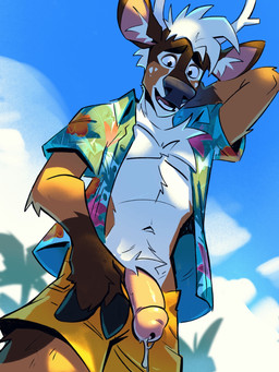 aloha_shirt anthro big_nose blue_sky bodily_fluids bottomwear brown_body brown_fur chest_tuft clothed clothing cum fur genital_fluids genitals hair hand_behind_head hoof_hands humanoid_genitalia humanoid_penis leaking_cum low-angle_view male navel open_clothing open_topwear pattern_clothing pattern_shirt pattern_topwear penis penis_poking_out shirt shorts sky solo standing summer toony topwear tuft white_body white_fur white_hair heromule deer mammal 2026 3:4 digital_media_(artwork) hi_res