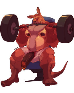 5_fingers 5_toes abs anthro barbell barefoot beard belly bench biceps big_muscles big_penis biped bodily_fluids body_hair bottomwear brown_hair chest_hair clothed clothing erection exercise eyes_closed facial_hair feet fingers foreskin front_view fur genital_piercing genitals hair hairy happy_trail huge_penis humanoid_genitalia humanoid_penis male manly mature_anthro mature_male musclegut muscular muscular_anthro muscular_male nipples nude on_bench pants partially_retracted_foreskin pecs penis penis_piercing penis_poking_out penis_through_fly piercing plantigrade prince_albert_piercing ring simple_background sitting slightly_chubby solo stocky sweat toes topless vein veiny_penis weightlifting weights white_background workout komboochie kangaroo macropod mammal marsupial 2015 4:5 digital_media_(artwork) hi_res