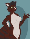 anthro barely_visible_genitalia barely_visible_pussy black_hair breasts brown_body brown_fur eyewear female fur genitals glasses hair pussy solo striped_body striped_fur stripes tabbiewolf domestic_cat felid feline felis mammal