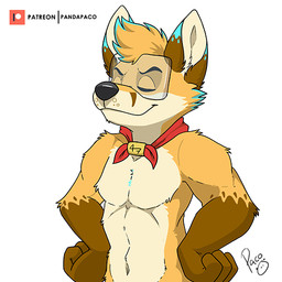 anthro black_nose blonde_hair blue_ears blue_hair brown_body brown_ears brown_fur cheek_tuft closed_smile dipstick_ears ear_markings eyes_closed eyewear facial_tuft fur gloves_(marking) goggles hair logo male male_anthro markings mouth_closed multicolored_ears multicolored_hair navel patreon_logo red_neckwear simple_background smile solo tan_body tan_fur tuft two_tone_hair white_background yellow_body yellow_fur pandapaco patreon canid canine mammal 1:1 artist_logo half-length_portrait portrait signature