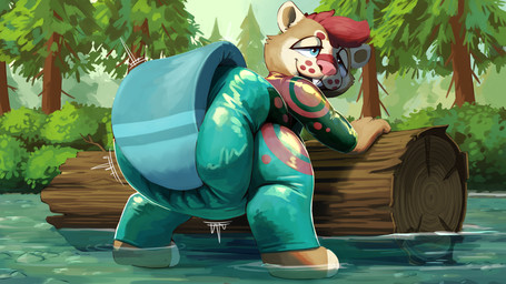 ambiguous_gender anthro beaver_tail blue_latex brown_body brown_fur clothed clothing diaper diaper_squish diaper_under_clothing diaper_under_latex diaper_under_skinsuit forest fur hair impact_lines latex latex_clothing latex_skinsuit leaning_on_object log nature plant red_hair red_latex skinsuit solo tan_body tan_fur tight_clothing tree water wearing_diaper wood sexotheque kvikk_(littlekvikk) beaver mammal rodent hi_res