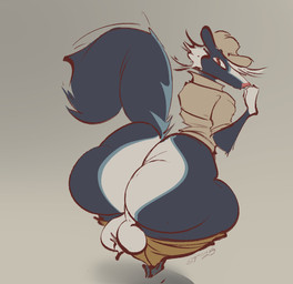 anthro backsack balls beanie big_butt black_body black_fur bottomwear bottomwear_down brown_bottomwear brown_clothing brown_pants butt clothed clothing fur genitals gloves_(marking) hat headgear headwear looking_back male markings pants pants_down partially_clothed rear_view shirt solo tail topwear white_markings ventusky animal_crossing nintendo kicks_(animal_crossing) mammal mephitid skunk 2025 digital_drawing_(artwork) digital_media_(artwork) english_description