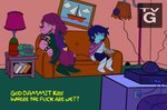 anthro clothed clothing detailed_background duo electronics fake_screencap hair humor inside logo profanity purple_body purple_hair style_emulation television text tv_remote lexsibbsky deltarune kris_where_are_we the_simpsons undertale_(series) kris_(deltarune) susie_(deltarune) dinosaur human mammal prehistoric_species reptile scalie 2021 english_text hi_res meme subtitled