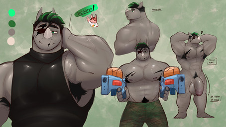 anthro armpit_hair balls big_balls big_muscles big_penis body_hair bottomwear camo camo_bottomwear camo_clothing camo_pants camo_print chest_hair clothing dual_wielding eye_patch eye_scar eyewear facial_horn facial_scar flaccid genitals green_hair grey_body grey_skin gun hair hairy hands_behind_head holding_gun holding_object holding_ranged_weapon holding_weapon horn huge_balls huge_penis leg_hair male manly muscular muscular_anthro muscular_male nose_horn pants pattern_bottomwear pattern_clothing pattern_pants penis pubes ranged_weapon scar shirt solo tank_top text topwear weapon lewd_bunnie mammal rhinoceros 2025 absurd_res english_text hi_res