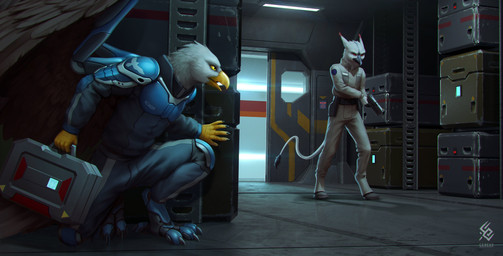 anthro beak black_beak blue_bodysuit blue_clothing blue_skinsuit bodysuit box brown_body brown_feathers clothed clothing container crate crouching dipstick_ears door duo ear_markings ears_back feathered_wings feathers glistening glistening_eyes gun holding_case holding_gun holding_object holding_ranged_weapon holding_weapon inside logo male male_anthro markings multicolored_ears open_mouth pivoted_ears ranged_weapon skinsuit tail tail_tuft text tight_clothing tuft weapon white_body white_feathers wings yellow_beak yellow_eyes cereus93 avian absurd_res artist_logo artist_name hi_res