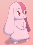 3_fingers 3_toes :3 anthro brown_eyes eyelashes feet female fingers fur happy japanese long_ears pink_body pink_fur semi-anthro short_fur simple_background solo toes improbable_(artist) happy_happy_clover pixiv sayuri_tatsuyama mallow_(happy_happy_clover) domestic_rabbit lagomorph leporid lop_rabbit mammal oryctolagus rabbit