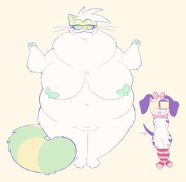 anthro big_breasts breasts clothing duo eyelashes eyewear female female/female genitals glasses hair half-closed_eyes heart_(marking) heart_nipples heterochromia humanoid_genitalia humanoid_vulva legwear markings multicolored_tail narrowed_eyes neckwear nipples overweight overweight_female pawpads pink_bow pink_nose rectangular_glasses round_glasses size_difference small_breasts smug_face spiky_hair tail tail_motion tailwag thick_eyelashes thigh_highs tongue tongue_out vulva white_body clockstops3am conditional_dnp canid canine canis dalmatian domestic_cat domestic_dog felid feline felis mammal hi_res