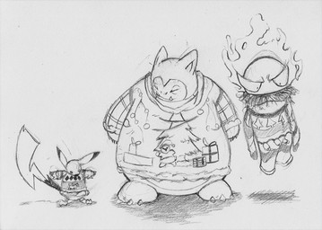 ambiguous_gender christmas_tree claws clothed clothed_feral clothing eyes_closed feral floating front_view furrowed_eyebrows gift grey_background group holidays looking_at_another mouth_closed overbite plant print_clothing simple_background standing sweater toe_claws topwear tree trio deriaz christmas nintendo pokemon gastly generation_1_pokemon pikachu pokemon_(species) snorlax 2013 full-length_portrait graphite_(artwork) greyscale hatching_(art) monochrome portrait shaded traditional_media_(artwork)