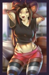 2017 ailurid anthro bedroom_eyes blurred_background bottomwear breasts brown_hair canid canine cellphone clothed clothing electronics eyebrows eyeshadow female fox hair half-closed_eyes hybrid legwear long_hair makeup mammal midriff miles_df narrowed_eyes navel orange_eyes phone red_panda seductive shirt shorts smile solo stockings stripes text topwear wide_hips