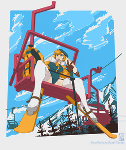 anthro backpack chairlift clothed clothing coat feet female fingers fur gesture hair hand_gesture hat headgear headwear legwear leotard looking_at_viewer open_mouth outside plant sitting ski_boots ski_lift smile snow solo spread_legs spreading stockings teeth topwear tree v_sign lavasi lagomorph leporid mammal rabbit digital_media_(artwork) hi_res