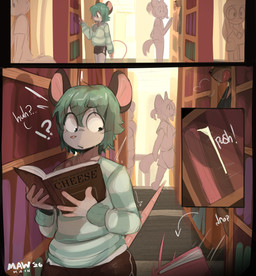 2_panel_comic 4_fingers anthro black_border black_bottomwear black_clothing black_ears black_shorts book bookshelf border bottomwear butt carpet clothed clothing dialogue eyewear femboy fingers fully_clothed furniture glasses glistening glistening_hair glistening_tail green_clothing green_hair green_sweater green_topwear grey_body grey_skin group hair holding_book holding_object interrobang library mouse_tail onomatopoeia open_mouth pattern_clothing pattern_sweater pattern_topwear pink_inner_ear pink_nose pink_tail public push raised_tail reading reading_book round_glasses shorts simple_background smile solo_focus sound_effects standing startled striped_clothing striped_sweater striped_topwear stripes sweater tail text thick_thighs three_frame_image topwear two_frame_image walking wide_eyed mawmain kayden_(mawmain) canid canine canis domestic_dog mammal mouse murid murine rodent 2026 artist_name colored comic dated digital_drawing_(artwork) digital_media_(artwork) english_text hi_res shaded signature