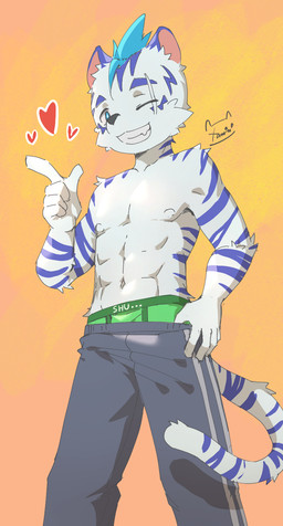 abs adolescent anthro clothing heart_symbol low-riding male muscular muscular_male muscular_young one_eye_closed pecs seductive solo underwear wink young tadow tora_(tadow) felid mammal pantherine tiger hi_res