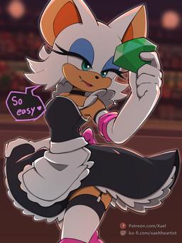 anthro armwear bottomwear breasts chaos_emerald clothing female female_anthro gem legwear maid_uniform skirt smug solo stockings tavern text uniform conditional_dnp xael_the_artist sega sonic_the_hedgehog_(series) rouge_the_bat bat mammal 3:4 absurd_res hi_res