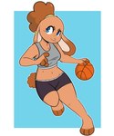 3_toes 4_fingers action_pose anthro arm_tuft ball barefoot basketball_(ball) biped blue_background blue_bottomwear blue_clothing blue_eyes blue_shorts border bottomwear breasts brown_body brown_ears brown_eyebrows brown_fur brown_hair brown_markings brown_tail brown_tuft chest_tuft circle_eyebrows closed_smile clothed clothed_anthro clothed_female clothing cotton_tail dipstick_ears dribbling ear_clip ear_markings ear_piercing elbow_tuft eyebrows eyelashes feet female female_anthro fingerless_(marking) fingers floppy_ears front_view fur grey_clothing grey_shirt grey_tank_top grey_topwear hair head_tuft lop_ears markings midriff mouth_closed multicolored_body multicolored_ears multicolored_fur outline piercing pose pupils shirt shorts shoulder_tuft simple_background smile solo tail tank_top toeless_(marking) toes topwear tuft two_tone_body two_tone_fur white_border white_outline yellow_hair_tie yellow_piercing kabula_(artist) emily_(sonokido) lagomorph leporid mammal rabbit 2020 absurd_res colored digital_drawing_(artwork) digital_media_(artwork) full-length_portrait hi_res portrait