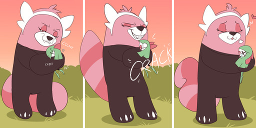 anthro biped black_body black_nose blush blush_lines claws clenched_teeth countershade_face countershading death duo eyes_closed female green_hair hair head_tuft heart_symbol holding_another hug larger_anthro larger_female looking_at_another male markings open_mouth pain pink_body ring_(marking) ringed_tail size_difference smaller_humanoid smaller_male sound_effects striped_markings striped_tail stripes tail tail_markings teeth toe_claws tuft white_body white_countershading fuf nintendo pokemon bewear generation_3_pokemon generation_7_pokemon humanoid kirlia pokemon_(species) 2019 comic digital_media_(artwork) hi_res