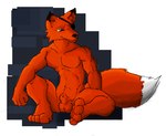 animal_genitalia anthro balls dipstick_tail feet fur genitals green_eyes looking_offscreen male markings navel orange_body orange_fur sheath sitting smile solo tail tail_markings white_tail_tip pandottermon slayers jillas canid canine fox mammal