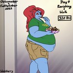 1:1 anthro belly_overhang blue_body blue_scales bottomwear bowl breasts cargo_shorts clothing container dessert eating english_text eye_patch eyewear female fish food green_clothing green_shirt green_topwear hair hi_res ice_cream marine morbidly_obese nintendo number obese obese_female overweight overweight_female ponytail red_eyes red_hair scales shirt shorts signature smile solo text the_legend_of_zelda topwear undertale_(series) undyne walking weight_gain wenisberry