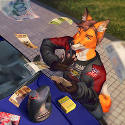 anthro black_clothing black_ear_tips black_jacket black_nose black_shirt black_t-shirt black_topwear blue_vehicle blurred_background bottomwear brand brown_eyebrows brown_hair canister car_hood cheek_tuft claws clothed clothing day digitigrade dipstick_ears dipstick_tail ear_markings ear_tuft eyebrows facial_tuft finger_claws fur fur_markings gloves_(marking) grass grey_eyes hair holding_money holding_object inner_ear_fluff jacket looking_at_viewer male markings money motor_oil multicolored_ears oil orange_body orange_fur orange_tail outside package pants parts pavement plant raised_eyebrows red_clothing red_jacket red_topwear shirt simple_background snout solo standing summer t-shirt tail tail_markings text text_on_clothing text_on_jacket text_on_shirt text_on_topwear throwing throwing_money throwing_object topwear tuft vehicle white_body white_fur white_tail_tip windshield milkonyx bmw bmw_e36 liqui_moly erwin_wolz canid canine fox mammal 1:1 2025 digital_drawing_(artwork) digital_media_(artwork) hi_res translated