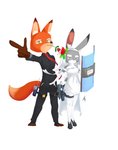 anthro clothed clothing dress duo female flower fully_clothed fur gesture grey_body grey_fur hand_gesture inner_ear_fluff male mouth_hold orange_body orange_fur plant pointing pose riot_shield shield simple_background tuft wedding_dress white_background white_body white_fur tieradler disney zootopia judy_hopps nick_wilde canid canine fox lagomorph leporid mammal rabbit red_fox true_fox 2020 absurd_res hi_res