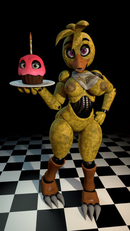 3_toes 4_fingers ambiguous_gender anthro areola barely_visible_genitalia barely_visible_vulva beak bib big_areola big_breasts breasts checkered checkered_floor claws dark_areola dark_nipples duo eyebrows feet female fingers food genitals hand_on_hip holding_plate looking_at_viewer machine male nipples non-mammal_breasts non-mammal_nipples purple_eyes sharp_teeth teeth toe_claws toes vulva wide_hips yellow_body octal octal_(modeler) five_nights_at_freddy's scottgames chica_(fnaf) classic_chica_(fnaf) cupcake_(fnaf) animatronic avian bird chicken food_creature galliform phasianid robot robot_anthro 2025 3d_(artwork) 9:16 digital_media_(artwork) full-length_portrait hi_res portrait