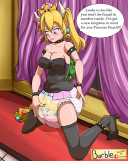 blonde_hair blue_eyes blush bracelet breasts burblexiii carpet cleavage clothed clothing collar crown curtains diaper diaper_transformation duo ear_piercing ear_ring embarrassed female floor footwear hair hand_on_diaper headgear high_heels horn jewelry kneeling legwear open_mouth piercing pointy_ears ponytail ring_piercing shell shoes speech_bubble spiked_bracelet spiked_collar spiked_shell spikes spikes_(anatomy) super_crown text thigh_highs tile tile_floor touching_diaper bowsette_meme mario_bros nintendo princess_peach animate_inanimate diaper_creature 4:5 absurd_res english_text hi_res meme