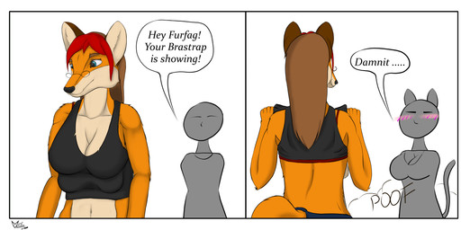 anthro blush breasts clothed clothing clothing_lift dialogue duo eyewear female flashing flashing_breasts glasses insult multi_breast profanity shirt shirt_lift snout talking_to_another text topwear transformation wearing_glasses mel_vixen_(artist) bra_strap_showing_(meme) mel_vixen canid canine fox mammal red_fox true_fox absurd_res comic english_text hi_res meme