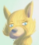 anthro black_nose eyebrows eyelashes female fur raised_eyebrow smile solo teal_eyes yellow_body yellow_fur jubb canid canine mammal 2018 bust_portrait portrait signature