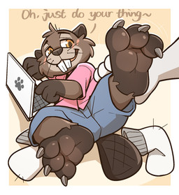 ambiguous_gender ankle_grab anthro beaver_tail bottomwear buckteeth clothing computer dialogue duo electronics feet female foot_fetish foot_focus footwear laptop leg_grab paws pink_clothing pink_shirt pink_topwear shirt shorts simple_background socks teeth topwear sam0120 disney zootopia anon nibbles_maplestick beaver humanoid mammal rodent hi_res