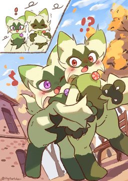 ambiguous_gender anthro autumn bench blush blush_lines claws cloud duo exclamation_point eyes_closed featureless_crotch fur green_body green_fur hug interrobang musical_note musical_symbol one_eye_closed open_mouth plant purple_eyes red_eyes sky symbol tail tongue tree wind chaco_(illustrattyako) nintendo pokemon felid feline floragato generation_9_pokemon mammal pokemon_(species) shiny_pokemon 2025 absurd_res hi_res signature