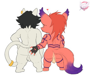 4_fingers accessory anthro balls black_hair butt butt_grab clothing duo ear_piercing ear_ring fingerless_gloves fingers fur furgonomics genitals gloves gold_(metal) gold_jewelry hair hand_on_butt handwear heart_symbol jewelry male markings orange_body orange_fur orange_hair piercing purple_body purple_fur purple_markings rear_view ring ring_piercing tail tail_accessory tail_jewelry tail_ring white_body white_fur fennephilim_fox league_of_legends riot_games tencent cyaturus_(cyaturus) domestic_cat felid feline felis mammal yordle hi_res