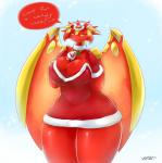 2015 anthro armor averyshadydolphin belly big_breasts breasts candy candy_cane christmas cleavage clothed clothing curvy_figure dessert digital_media_(artwork) dragon dress duel_monster eyelashes female fingers food gloves handwear hi_res hieratic_sun_dragon_overlord_of_heliopolis holidays inviting konami looking_at_viewer mythological_creature mythological_scalie mythology non-mammal_breasts question red_body red_clothing red_dress red_skin scalie signature simple_background smile snow solo symbol text thick_thighs voluptuous wide_hips wings yu-gi-oh!