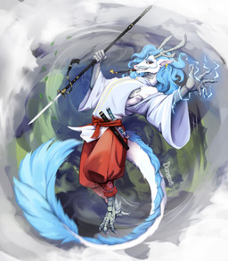 anthro avian_feet bottomwear clothing feet fingers hair holding_katana holding_melee_weapon holding_object holding_sword holding_weapon katana looking_at_viewer male melee_weapon object_in_mouth pants smile smoke smoking smoking_pipe smoking_pipe_in_mouth solo sword tail talons toes topwear weapon daretaris mythology dragon mythological_creature mythological_scalie scalie digital_media_(artwork) hi_res