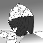 1:1 ambiguous_gender anthro braixen cupcake digital_media_(artwork) dipstick_tail extreme_size_difference fangs food fur generation_6_pokemon giant_food hi_res inner_ear_fluff looking_up markings micro monochrome nintendo open_mouth poke_puff pokemon pokemon_(species) signature simple_background size_difference solo stick stick_in_tail tail tail_markings teeth tongue tsitra360 tuft zoom_in zoom_layer