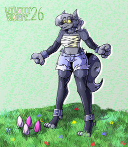 anthro arm_tuft arm_warmers armwear bandage blue_eyes bottomwear bracelet buckle claws clothing collar denim denim_bottomwear denim_clothing denim_shorts ear_tuft eye_through_hair eyewear facial_tuft fangs female finger_claws flower foot_tuft fur glasses glowing glowing_eyes grass green_background hair jewelry leg_warmers legwear looking_down multicolored_body multicolored_fur navel periwinkle_fur plant pockets purple_body purple_fur shadow shorts shoulder_tuft simple_background smile solo tail tail_tuft teeth toe_claws topwear translucent translucent_hair tuft warmers wide_hips yellow_sclera vividwolfe mythology whitney_werewolf arthropod butterfly canid canine insect lepidopteran mammal mythological_canine mythological_creature werecanid werecanine werecreature werewolf 2026 digital_drawing_(artwork) digital_media_(artwork) hi_res