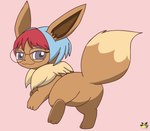 alternate_species blue_hair brown_body brown_fur butt eyewear featureless_crotch female feral fur glasses hair logo looking_at_viewer looking_back looking_back_at_viewer pink_background raised_leg rear_view red_hair simple_background solo pichu90 nintendo pokemon penny_(pokemon) eevee generation_1_pokemon pokemon_(species) 2024 artist_logo hi_res