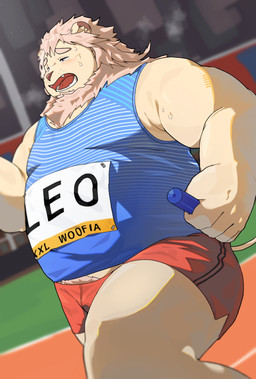 anthro belly bodily_fluids bottomwear bulge clothing fur male mane marathon marathon_training overweight running shirt shorts solo sweat tank_top topwear white_body white_fur workout_clothing 030_luri xxl_woofia leo_von_narcis felid lion mammal pantherine hi_res