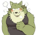 anthro black_clothing black_shirt black_tank_top black_topwear blush bodily_fluids breath clothing countershade_face countershade_torso countershading ear_tuft flustered fur green_body green_fur grey_nose head_tuft male muscular muscular_anthro muscular_male neck_tuft shirt simple_background snaggle_tooth solo sweat sweatdrop tan_body tan_countershading tan_fur tank_top topwear tuft white_background ginnosuke canid canine canis mammal wolf 2022 colored